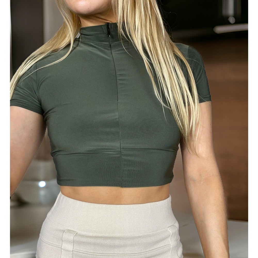 New Small Slinky Army Olive Green Half Zip Short Cap Sleeve High Neck Y2k